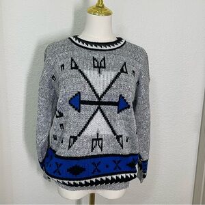 Vintage Adele Knitwear Arrow Tribal Sweater Gray Blue Black Made in USA
